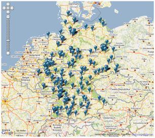 Landkarte von Deutschland mit markierten Universitäten und Fachhochschulen